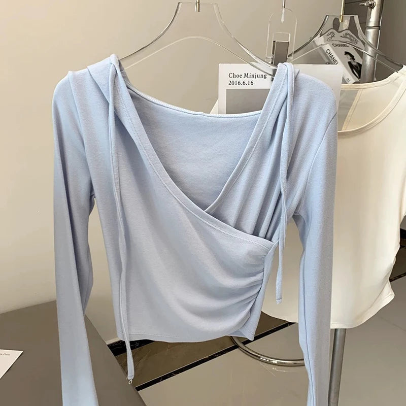 Women's Hooded V-Neck Slimming Top, Slim Fit, Long Sleeve, Outdoor Fitness, Running, Yoga Sports Wear, Autumn and Winter