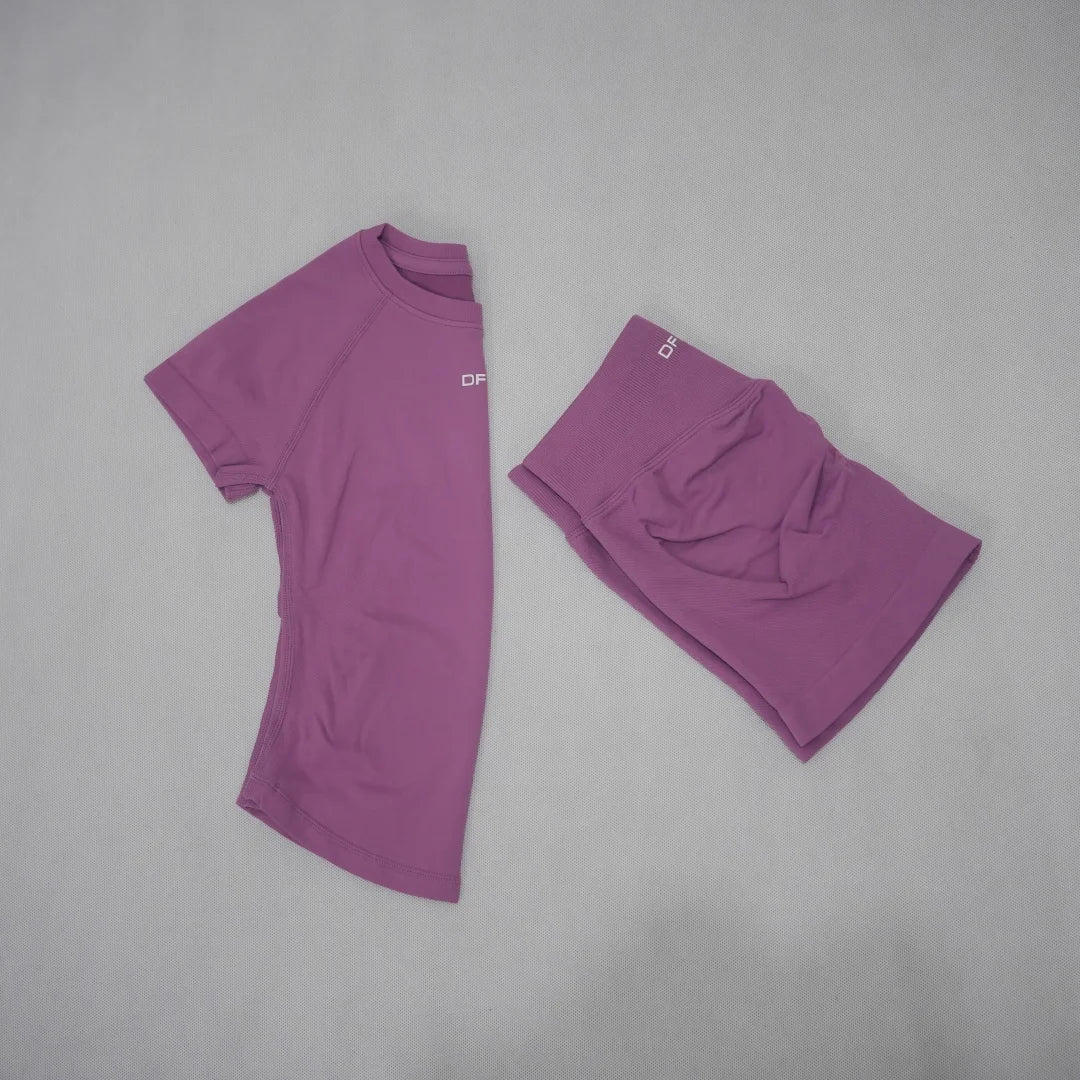 DF LOGO Women Seamless 2Pcs Sports Set Short Sleeve Yoga Outfit High Elastic Quick Dry Tummy Control Butt Lifting Running Shorts