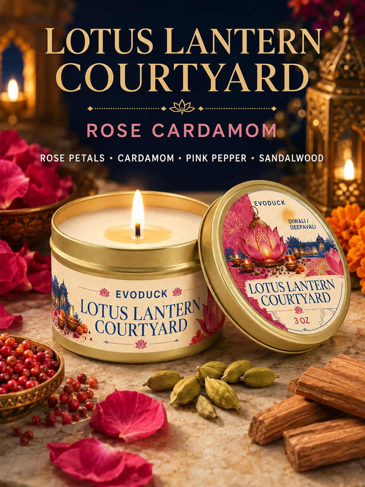 4pcs Diwali Scented Candle Set 3oz Tins, Rose Cardamom Saffron Sandalwood Marigold Vanilla Amber, Deepavali Festival of Lights