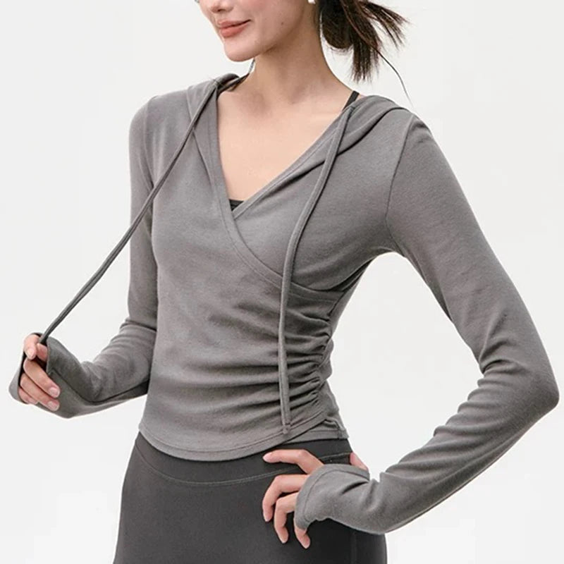 Women's Hooded V-Neck Slimming Top, Slim Fit, Long Sleeve, Outdoor Fitness, Running, Yoga Sports Wear, Autumn and Winter