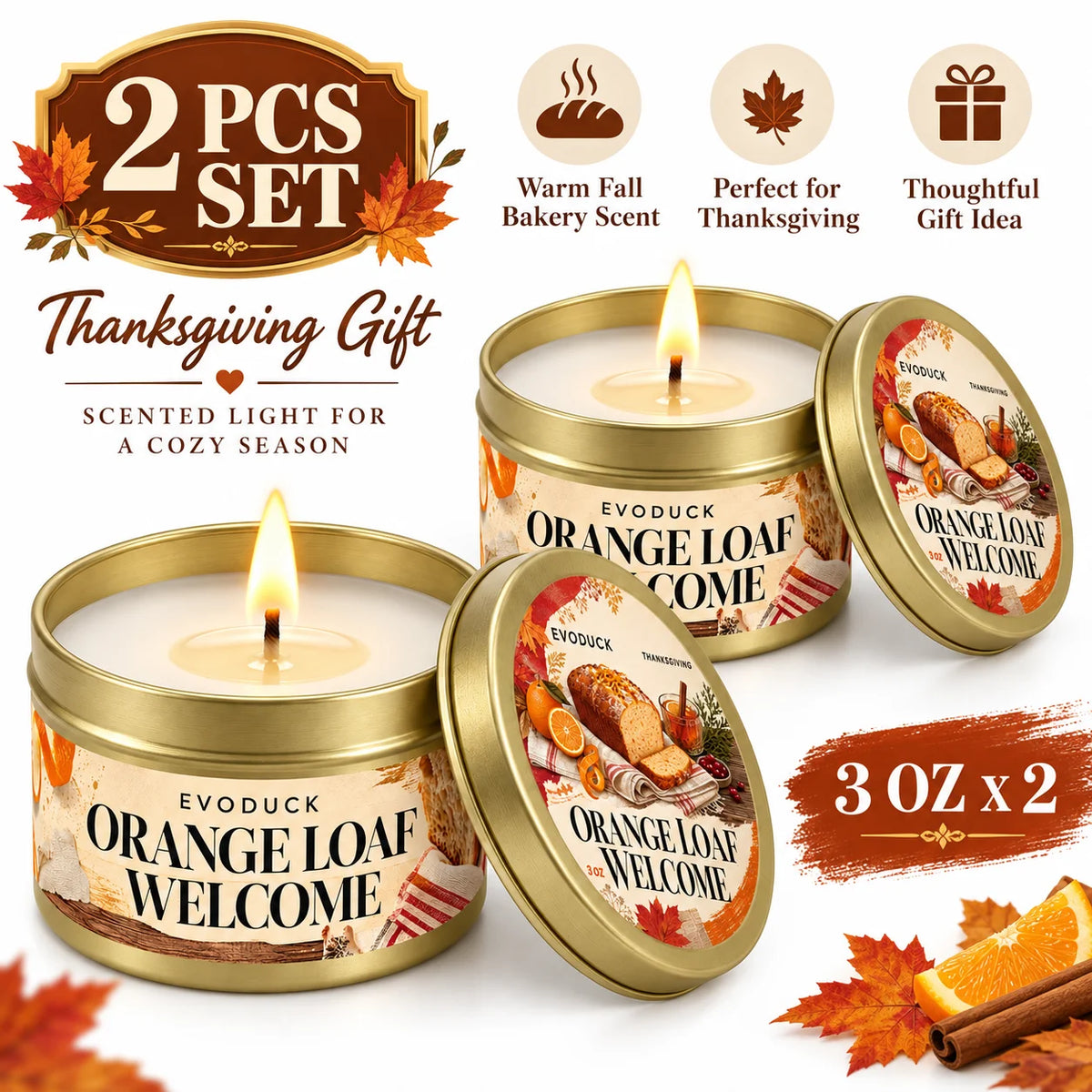 Thanksgiving Scented Candles Gift Set 3oz Gold Tins, Choose 1, 2 or 4 Pcs, 4 Fall Scents, Gift Box & Card, Hostess Gift