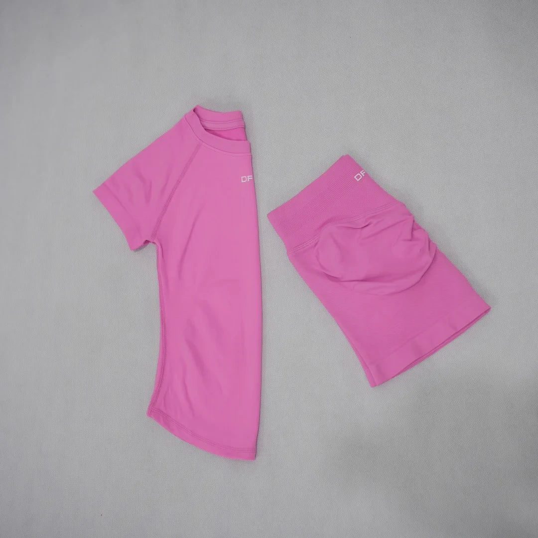DF LOGO Women Seamless 2Pcs Sports Set Short Sleeve Yoga Outfit High Elastic Quick Dry Tummy Control Butt Lifting Running Shorts