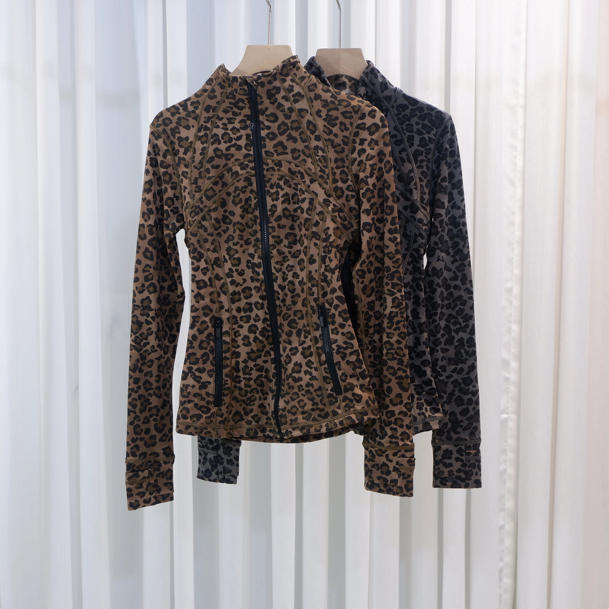 New Gradient Leopard Print Stand Collar Slim Fit Yoga Long Sleeve Jacket for Women, Sports Fitness Slimming Stretchy Coat