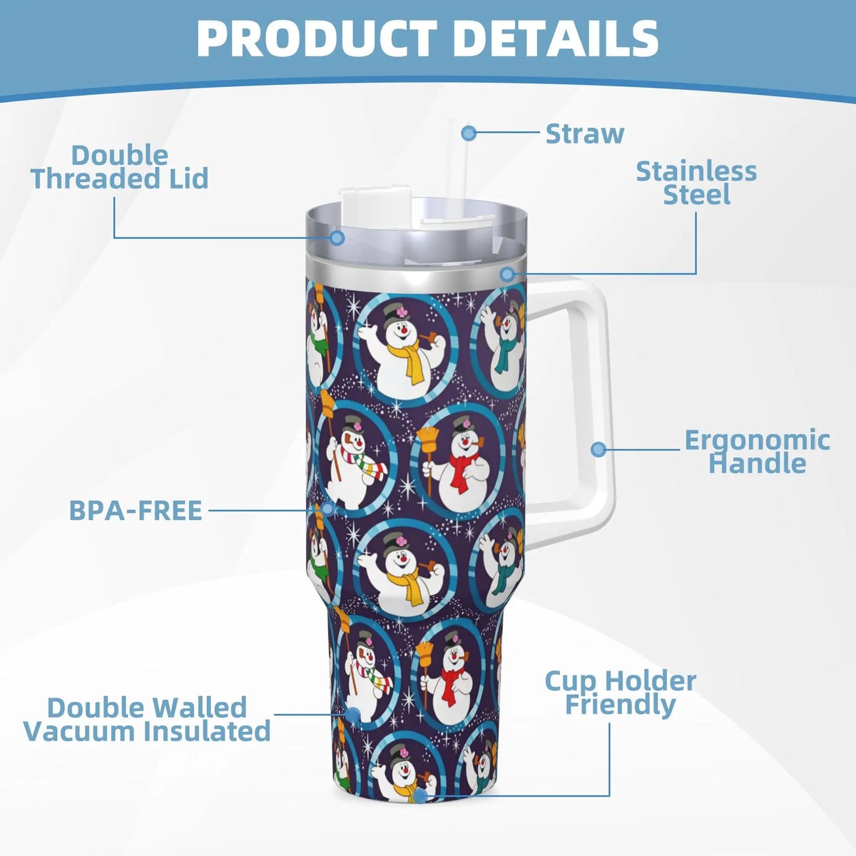 Stainless Steel Tumbler Snowman Frostys Mugs Cup With Straws  Camping Cold and Hot Water Bottle Insulated Large Thermal Mug
