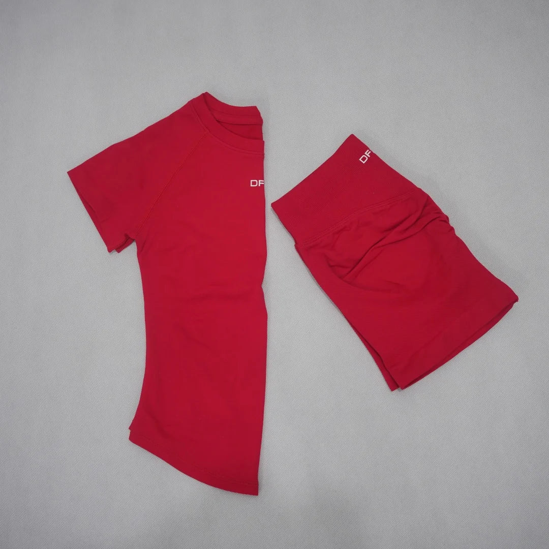 DF LOGO Women Seamless 2Pcs Sports Set Short Sleeve Yoga Outfit High Elastic Quick Dry Tummy Control Butt Lifting Running Shorts