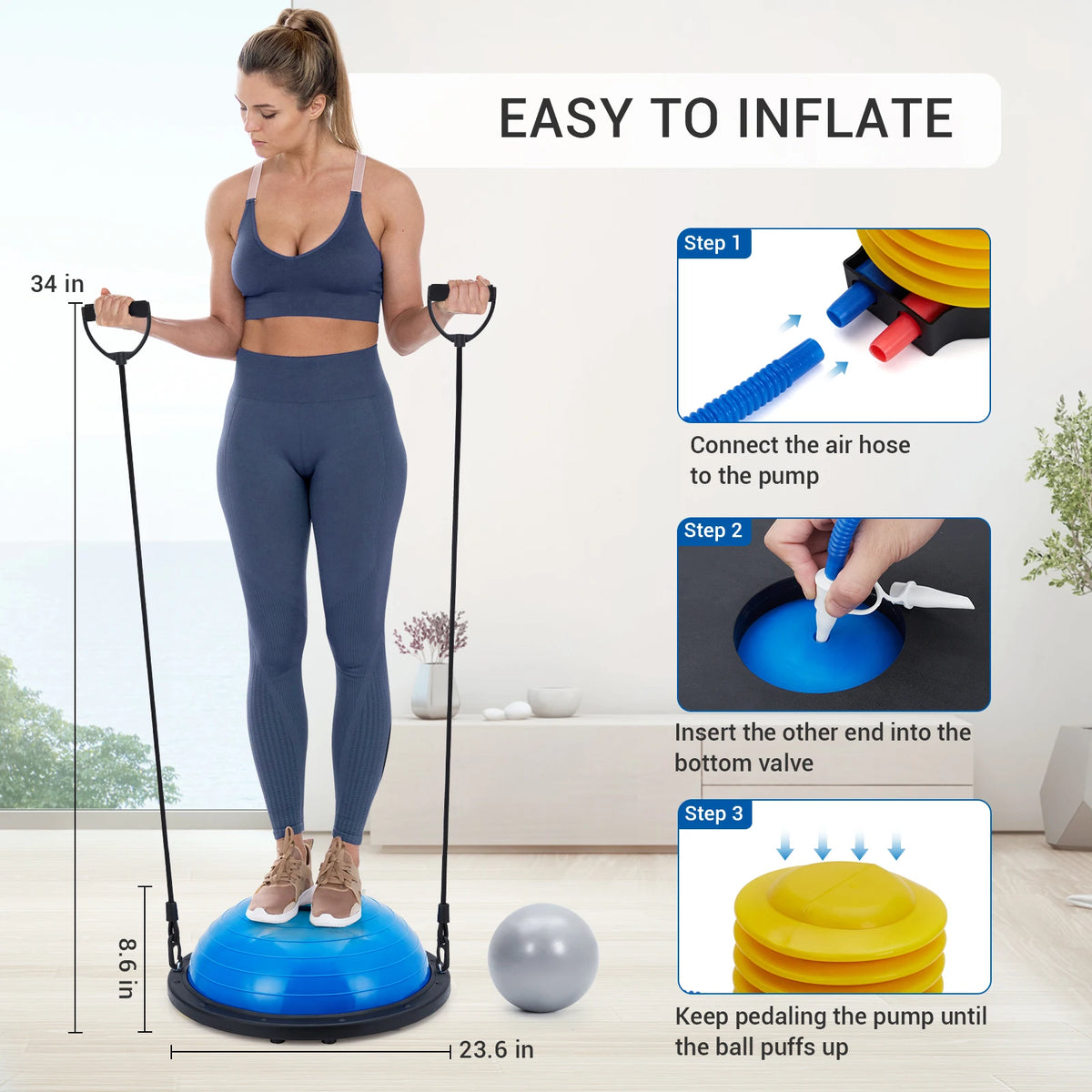 23" Half Balance Ball Trainer with Resistance Bands & Pump – Non-Slip Core Stability Trainer for Yoga, Pilates & Home Gym – Supports 1600 lbs