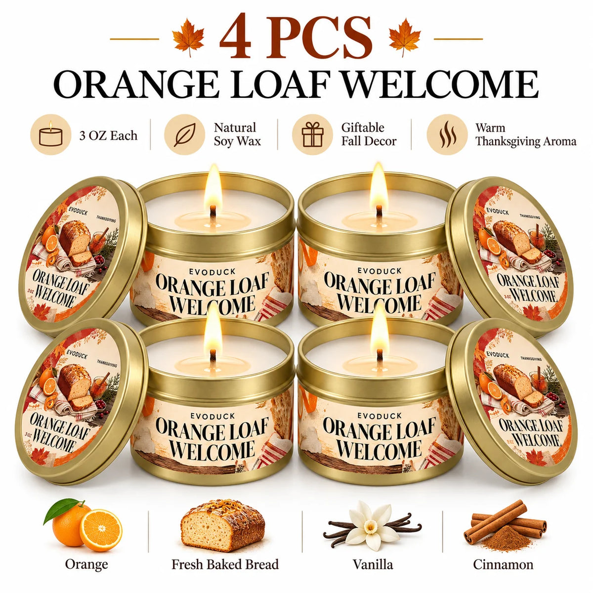 Thanksgiving Scented Candles Gift Set 3oz Gold Tins, Choose 1, 2 or 4 Pcs, 4 Fall Scents, Gift Box & Card, Hostess Gift