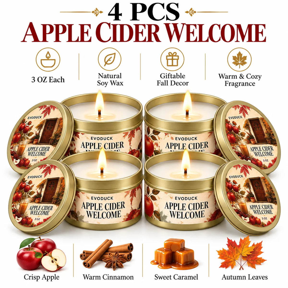 Thanksgiving Scented Candles Gift Set 3oz Gold Tins, Choose 1, 2 or 4 Pcs, 4 Fall Scents, Gift Box & Card, Hostess Gift