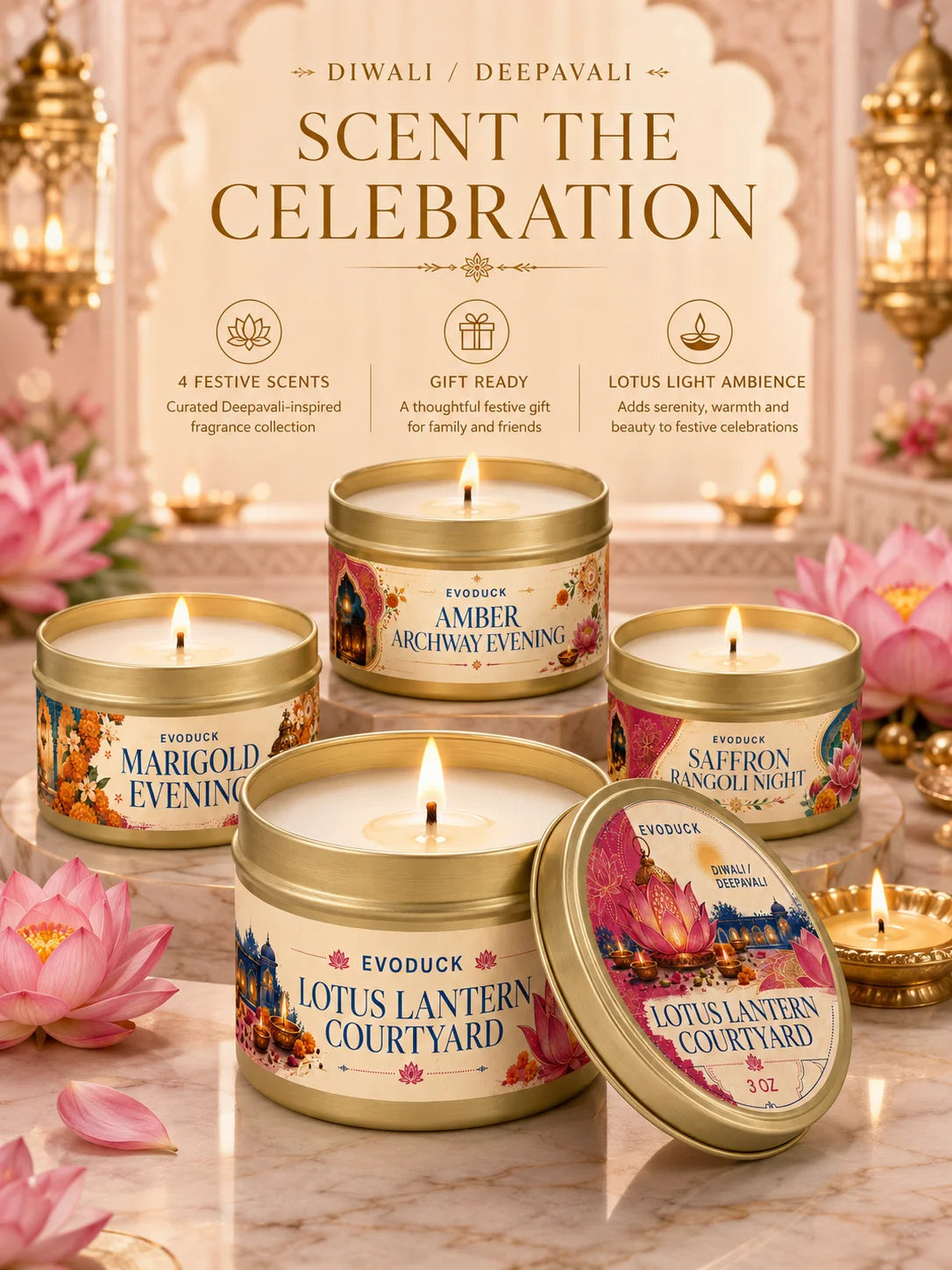 4pcs Diwali Scented Candle Set 3oz Tins, Rose Cardamom Saffron Sandalwood Marigold Vanilla Amber, Deepavali Festival of Lights