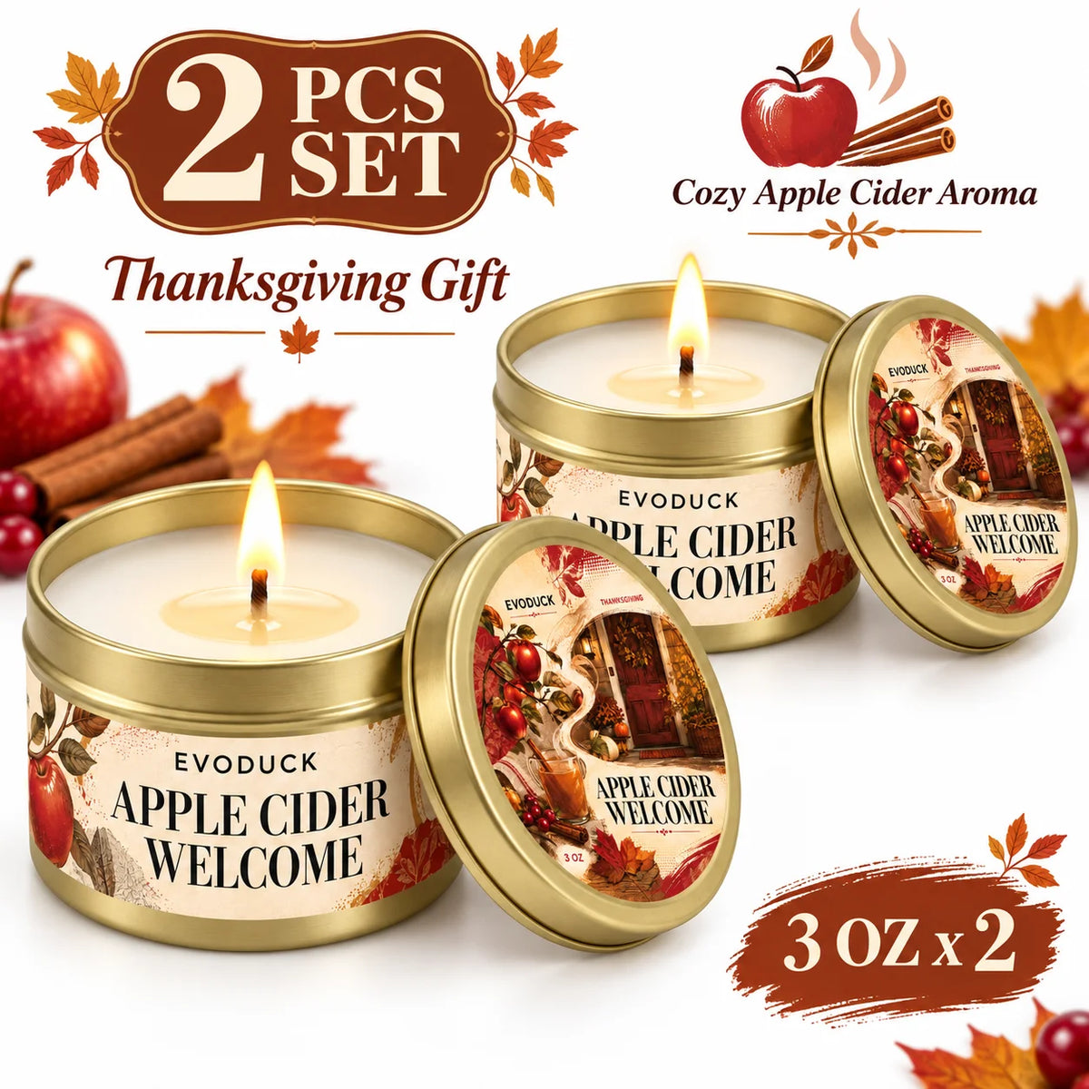 Thanksgiving Scented Candles Gift Set 3oz Gold Tins, Choose 1, 2 or 4 Pcs, 4 Fall Scents, Gift Box & Card, Hostess Gift