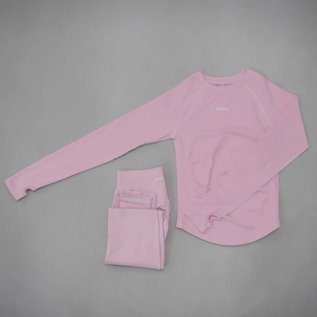 DFDK Women's Yoga Exercise Two Piece Set Long Sleeve Seamless Yoga Top Slimming Running Pants Breathable Exercise Set