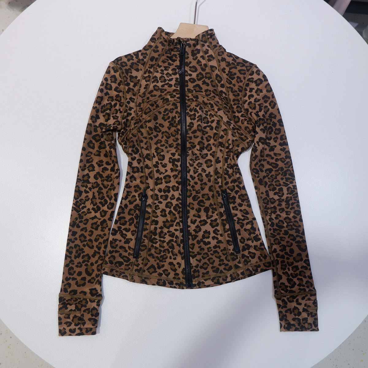 New Gradient Leopard Print Stand Collar Slim Fit Yoga Long Sleeve Jacket for Women, Sports Fitness Slimming Stretchy Coat