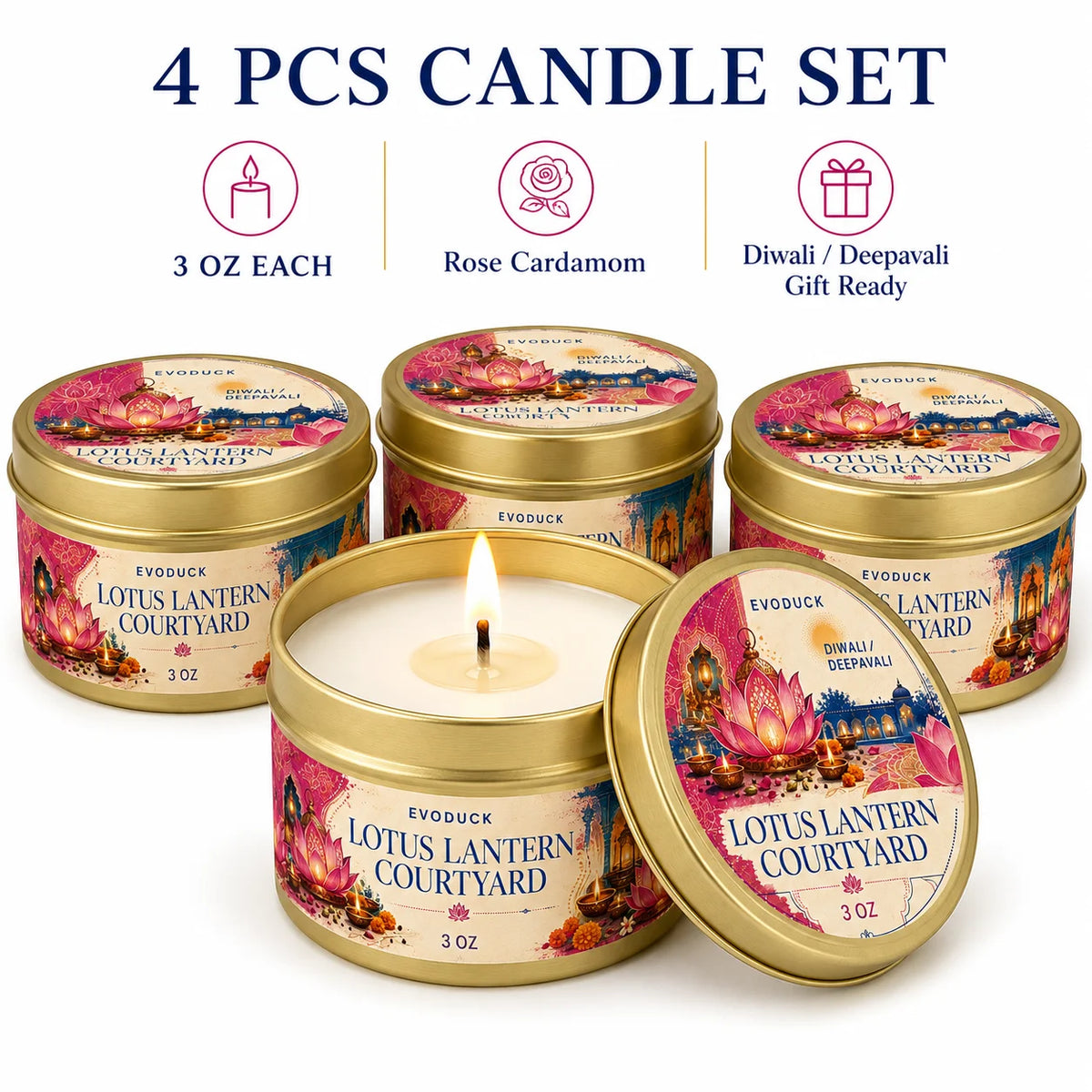 4pcs Diwali Scented Candle Set 3oz Tins, Rose Cardamom Saffron Sandalwood Marigold Vanilla Amber, Deepavali Festival of Lights