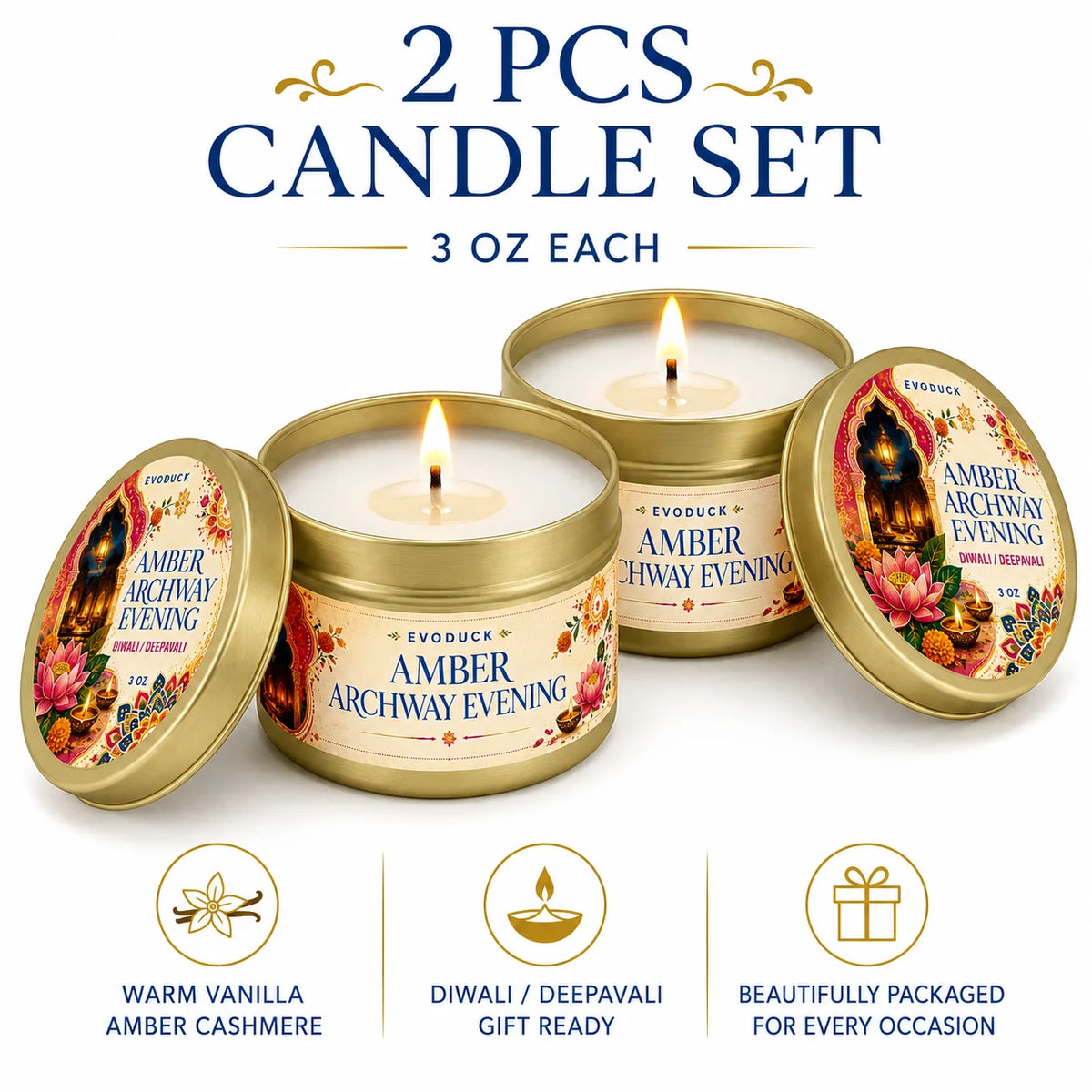 4pcs Diwali Scented Candle Set 3oz Tins, Rose Cardamom Saffron Sandalwood Marigold Vanilla Amber, Deepavali Festival of Lights
