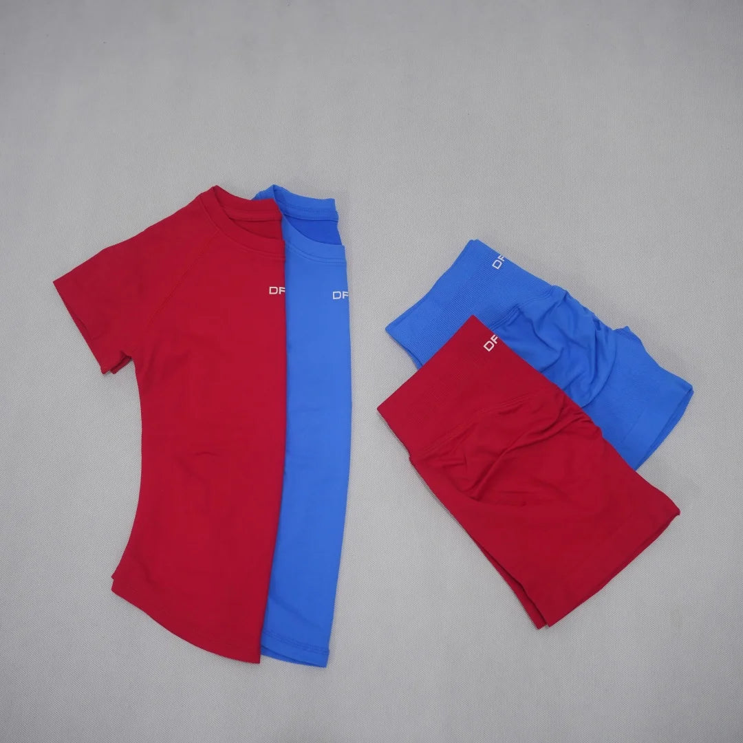 DF LOGO Women Seamless 2Pcs Sports Set Short Sleeve Yoga Outfit High Elastic Quick Dry Tummy Control Butt Lifting Running Shorts