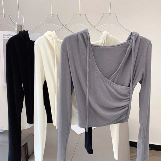 Women's Hooded V-Neck Slimming Top, Slim Fit, Long Sleeve, Outdoor Fitness, Running, Yoga Sports Wear, Autumn and Winter