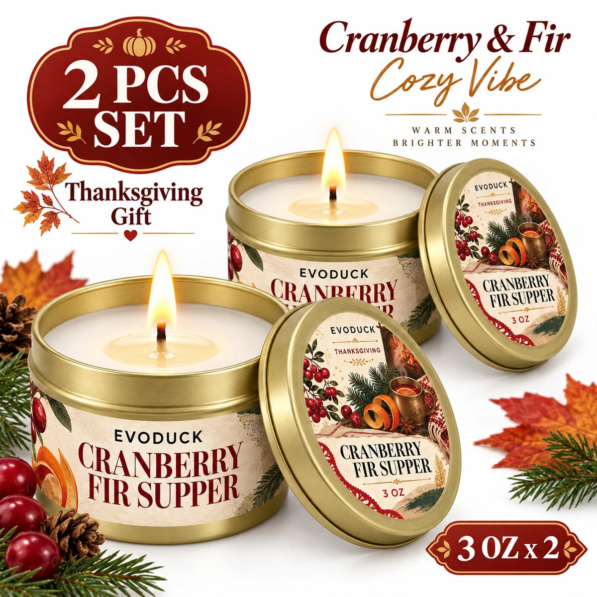 Thanksgiving Scented Candles Gift Set 3oz Gold Tins, Choose 1, 2 or 4 Pcs, 4 Fall Scents, Gift Box & Card, Hostess Gift