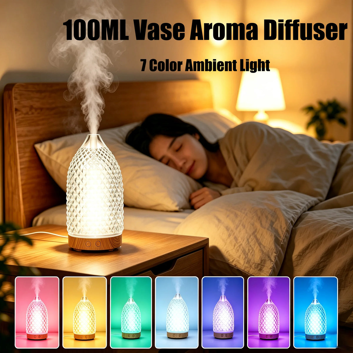 New Rhombus Aroma Diffuser 100ML Vase Humidifier with 7 Color Changing LED Lights for Office Bedroom Yoga Perfect Gift for Home