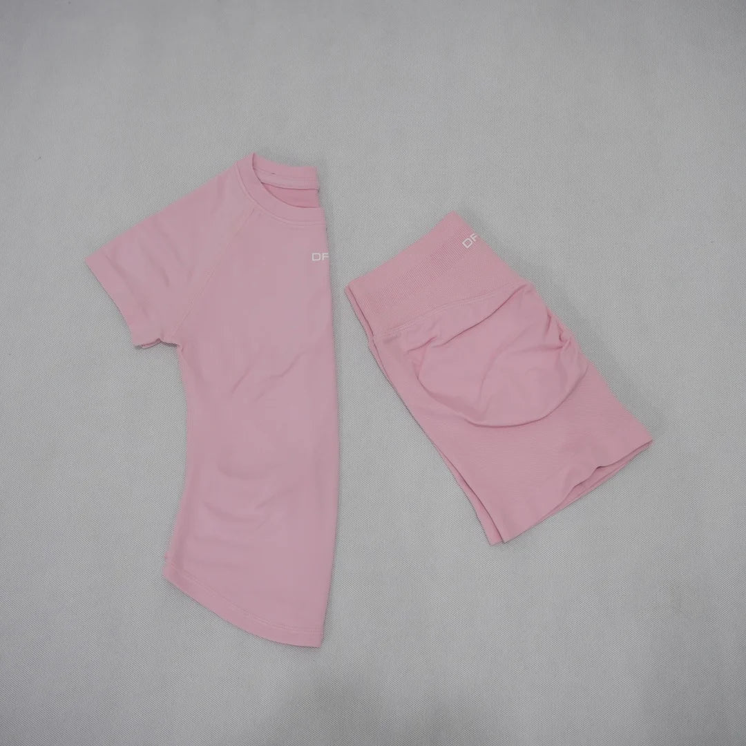 DF LOGO Women Seamless 2Pcs Sports Set Short Sleeve Yoga Outfit High Elastic Quick Dry Tummy Control Butt Lifting Running Shorts