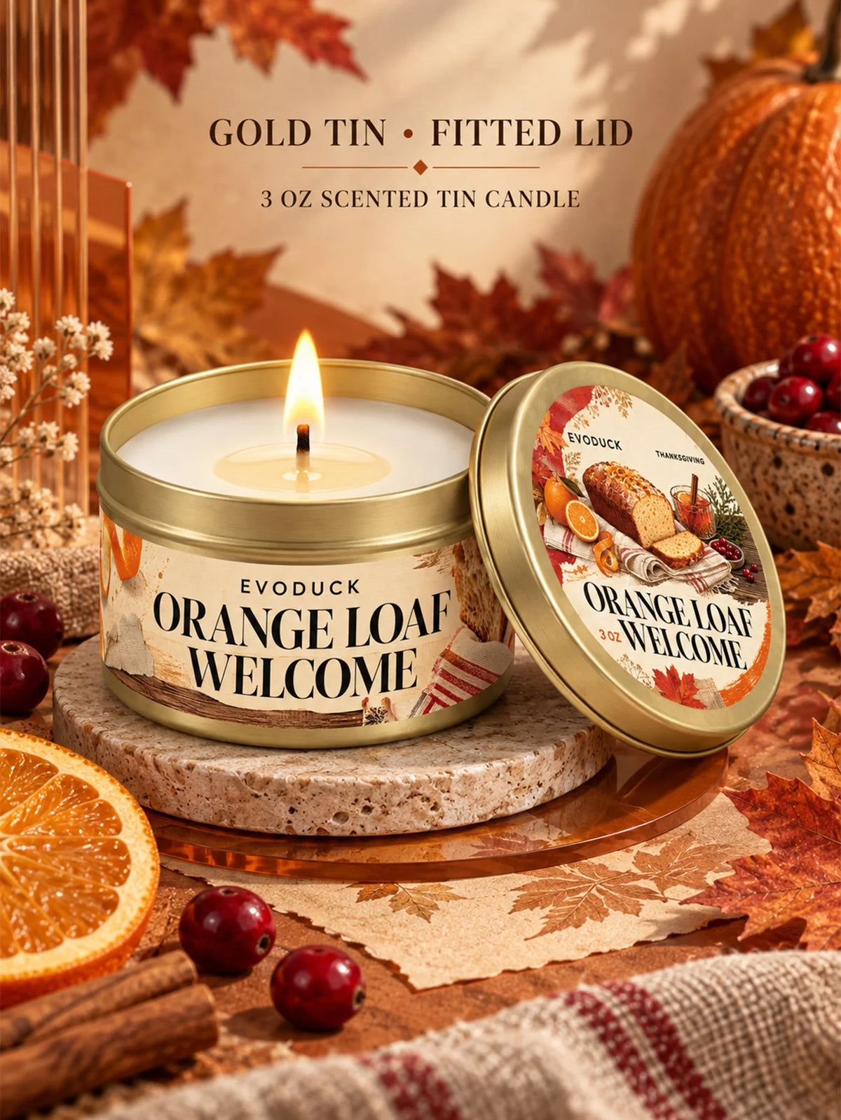 Thanksgiving Scented Candles Gift Set 3oz Gold Tins, Choose 1, 2 or 4 Pcs, 4 Fall Scents, Gift Box & Card, Hostess Gift