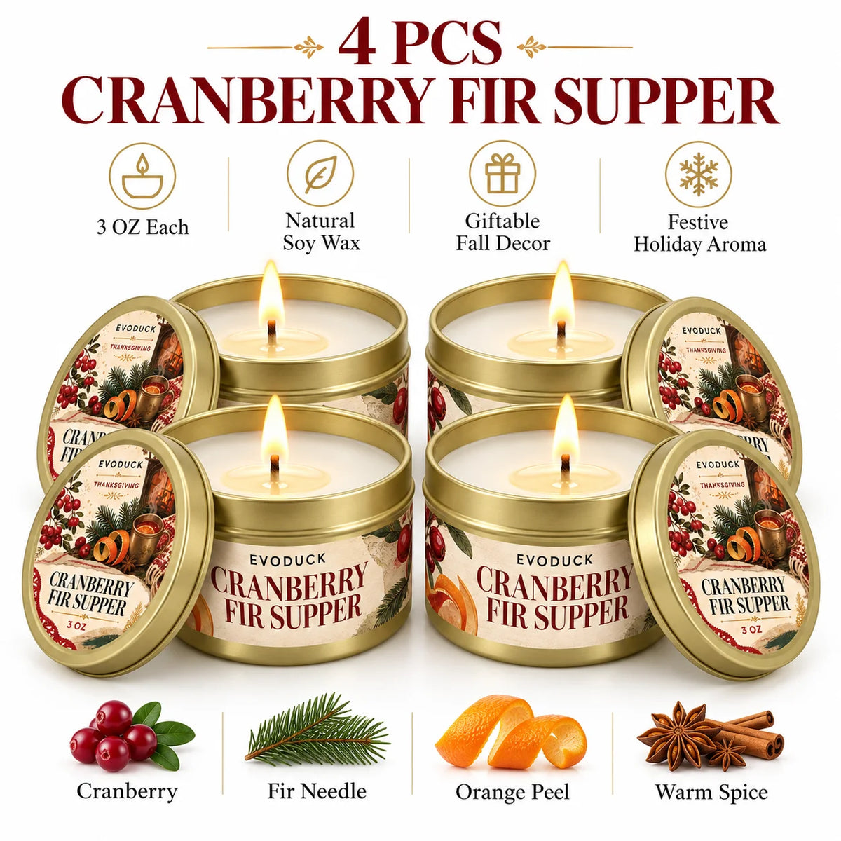 Thanksgiving Scented Candles Gift Set 3oz Gold Tins, Choose 1, 2 or 4 Pcs, 4 Fall Scents, Gift Box & Card, Hostess Gift