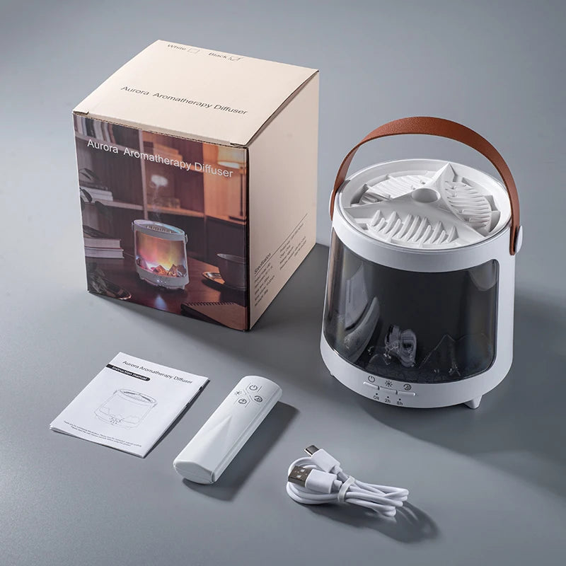 2026 New Aurora Essential Oil Diffuser Humidifier with Flame Effect 7 Color LED Light for Home