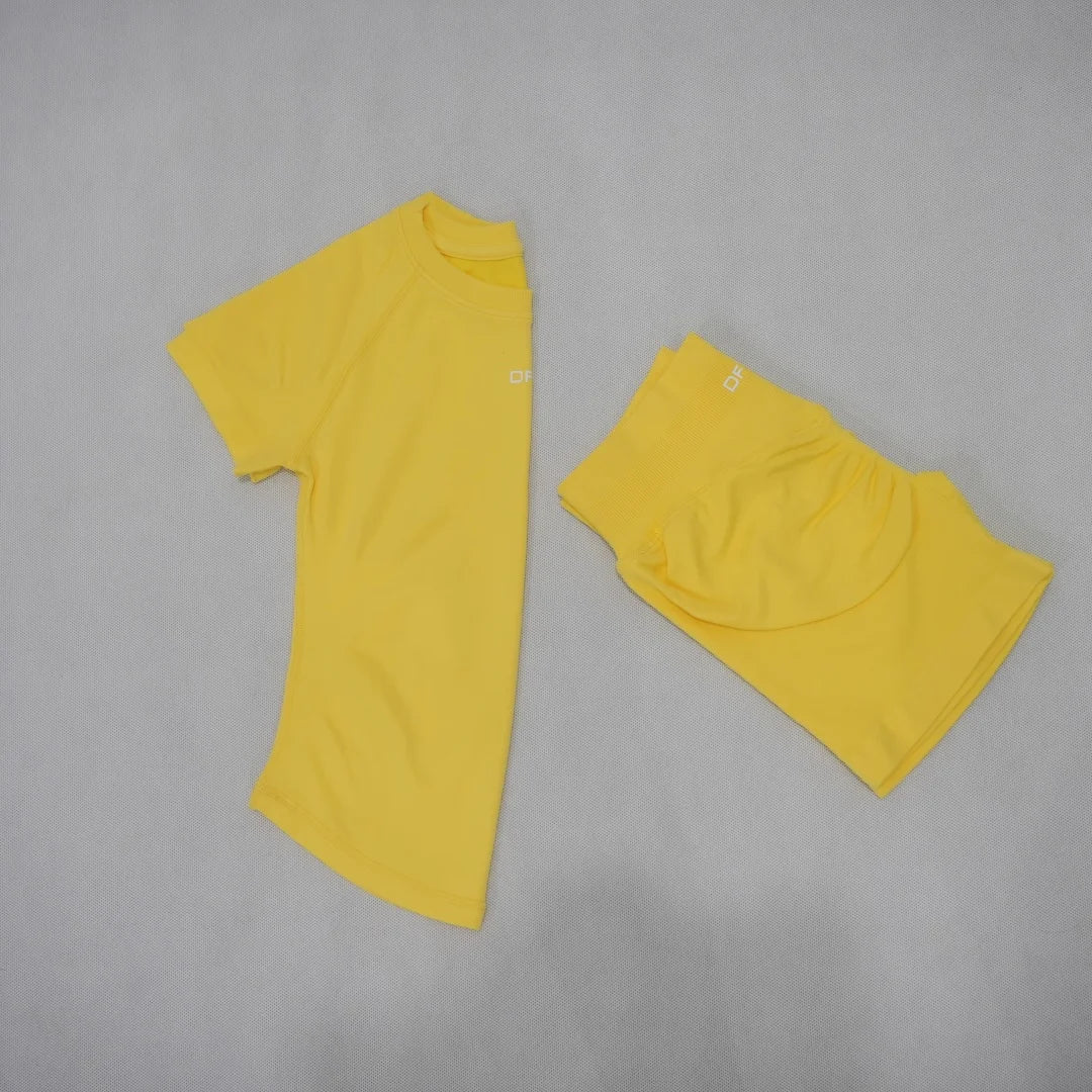 DF LOGO Women Seamless 2Pcs Sports Set Short Sleeve Yoga Outfit High Elastic Quick Dry Tummy Control Butt Lifting Running Shorts