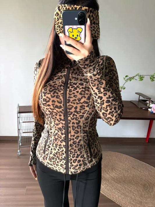 New Gradient Leopard Print Stand Collar Slim Fit Yoga Long Sleeve Jacket for Women, Sports Fitness Slimming Stretchy Coat