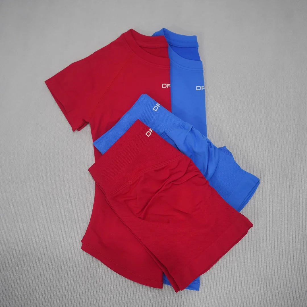 DF LOGO Women Seamless 2Pcs Sports Set Short Sleeve Yoga Outfit High Elastic Quick Dry Tummy Control Butt Lifting Running Shorts