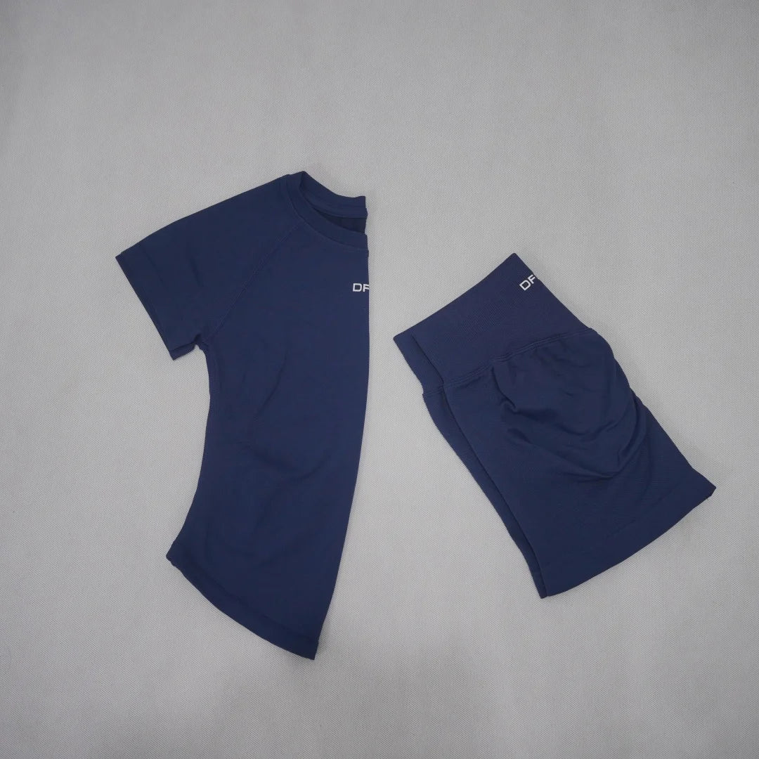 DF LOGO Women Seamless 2Pcs Sports Set Short Sleeve Yoga Outfit High Elastic Quick Dry Tummy Control Butt Lifting Running Shorts