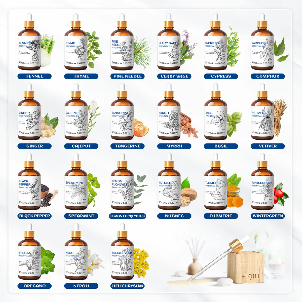 HIQILI 100ML Natural Essential Oil, Frankincense/Lemon/Rosemary/Tea Tree/Lavender/Wintergreen/Ylang, Humidifiers, DIY Candles