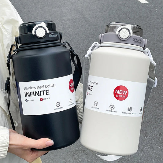 800ml/2000ml Large Capacity Stainless Steel Insulated Water Jug with Handle & Straw, Leakproof Vacuum Thermos Mug for Sports Out