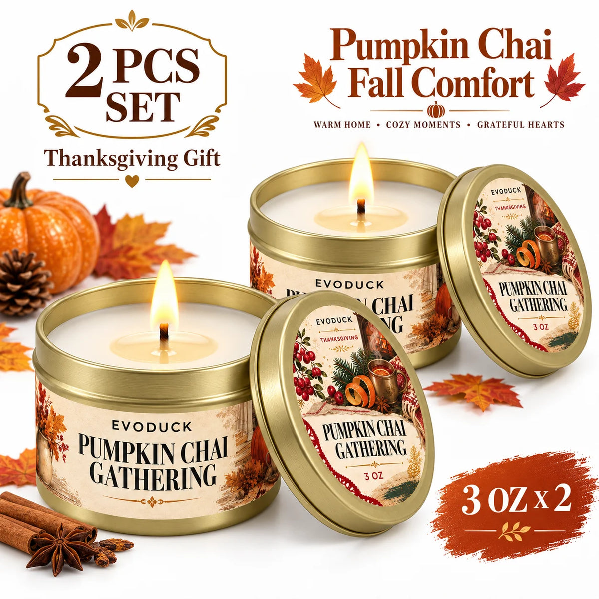 Thanksgiving Scented Candles Gift Set 3oz Gold Tins, Choose 1, 2 or 4 Pcs, 4 Fall Scents, Gift Box & Card, Hostess Gift