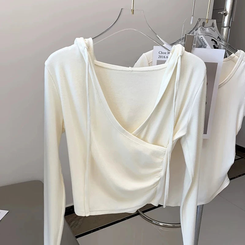 Women's Hooded V-Neck Slimming Top, Slim Fit, Long Sleeve, Outdoor Fitness, Running, Yoga Sports Wear, Autumn and Winter
