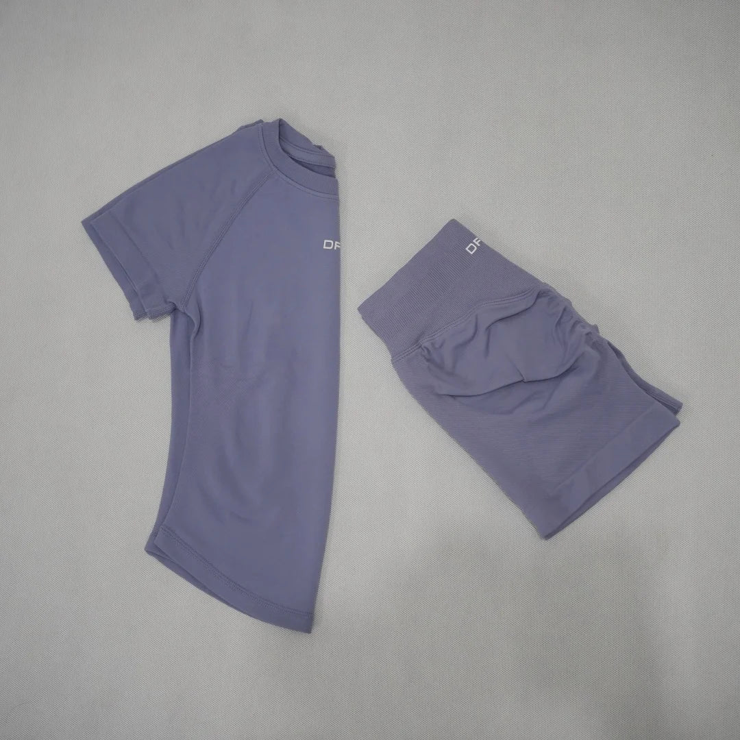 DF LOGO Women Seamless 2Pcs Sports Set Short Sleeve Yoga Outfit High Elastic Quick Dry Tummy Control Butt Lifting Running Shorts