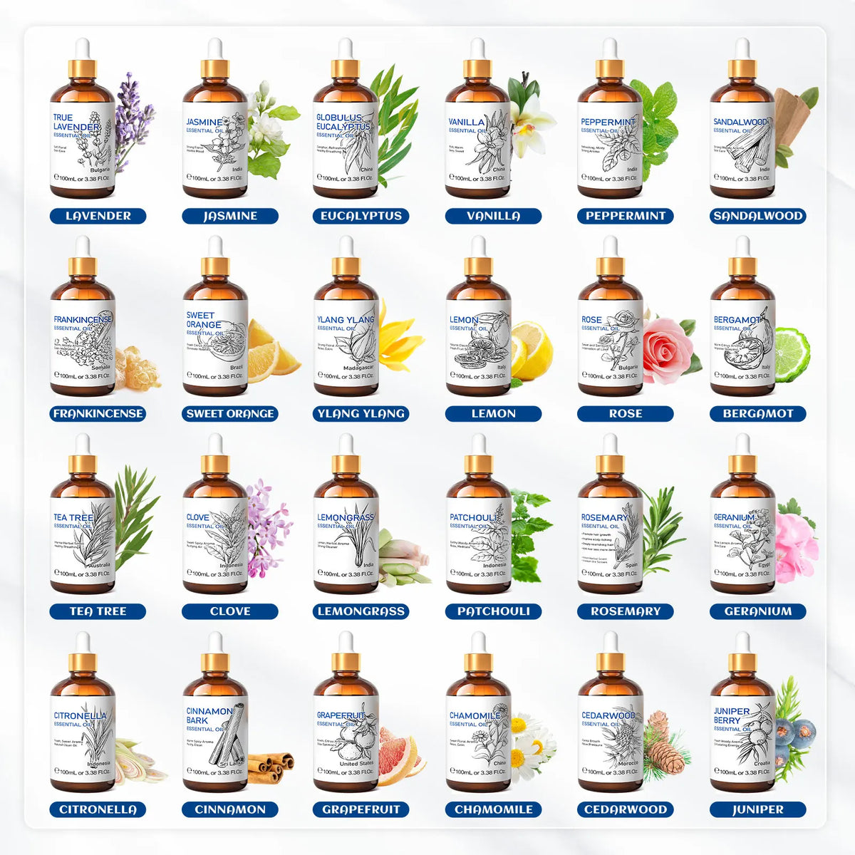HIQILI 100ML Natural Essential Oil, Frankincense/Lemon/Rosemary/Tea Tree/Lavender/Wintergreen/Ylang, Humidifiers, DIY Candles