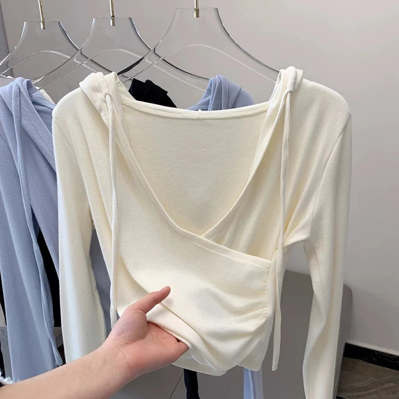 Women's Hooded V-Neck Slimming Top, Slim Fit, Long Sleeve, Outdoor Fitness, Running, Yoga Sports Wear, Autumn and Winter