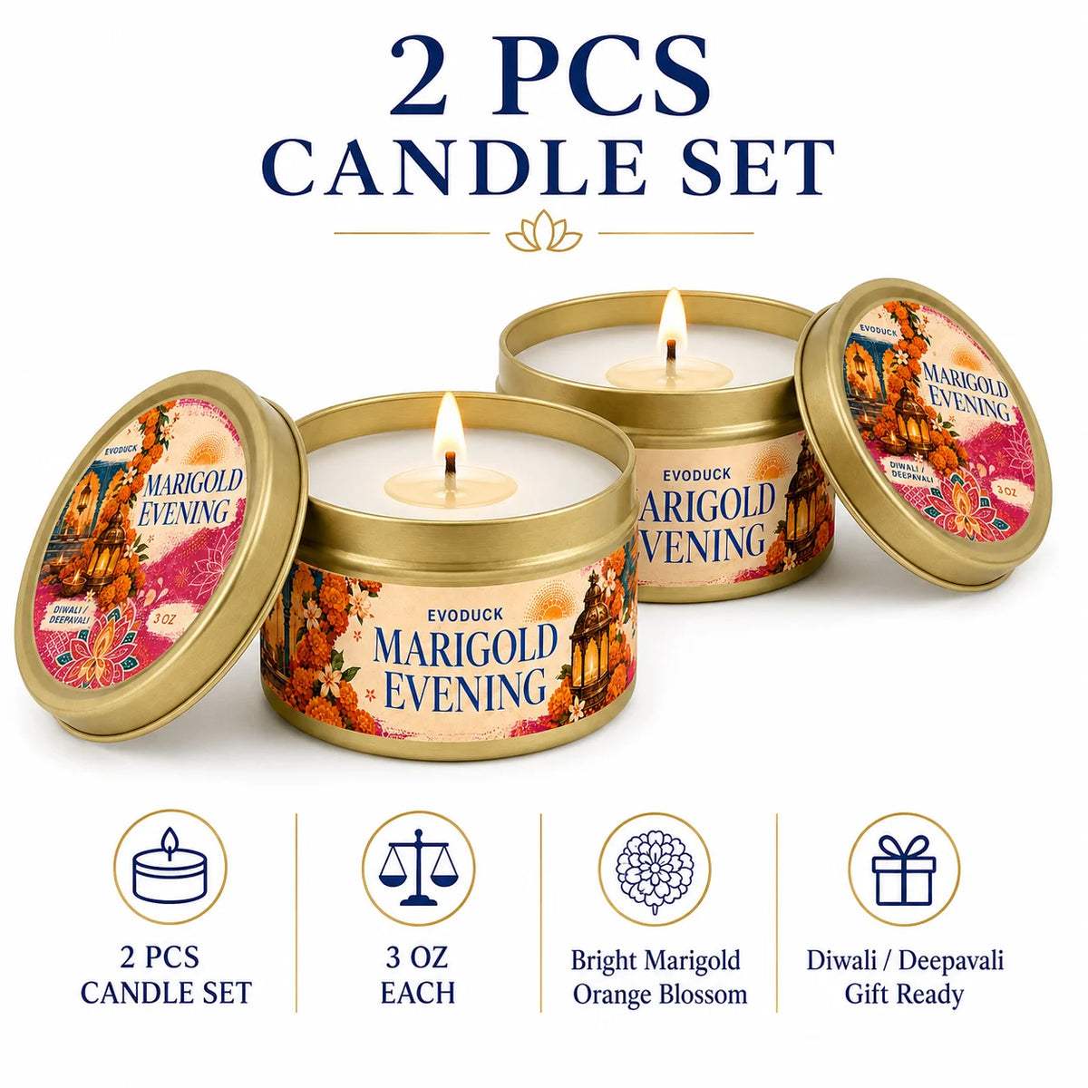 4pcs Diwali Scented Candle Set 3oz Tins, Rose Cardamom Saffron Sandalwood Marigold Vanilla Amber, Deepavali Festival of Lights
